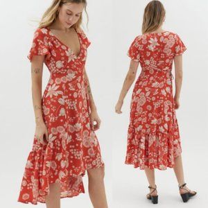 Urban Outfitters Daphne Floral Wrap Midi High-Low Dress Orange Size Small